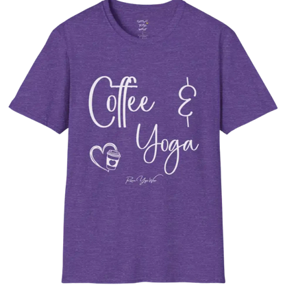 Coffee T-Shirt, "Coffee & Yoga" script design — The Vault collection by Ramro Yoga Wear, Heather Purple.