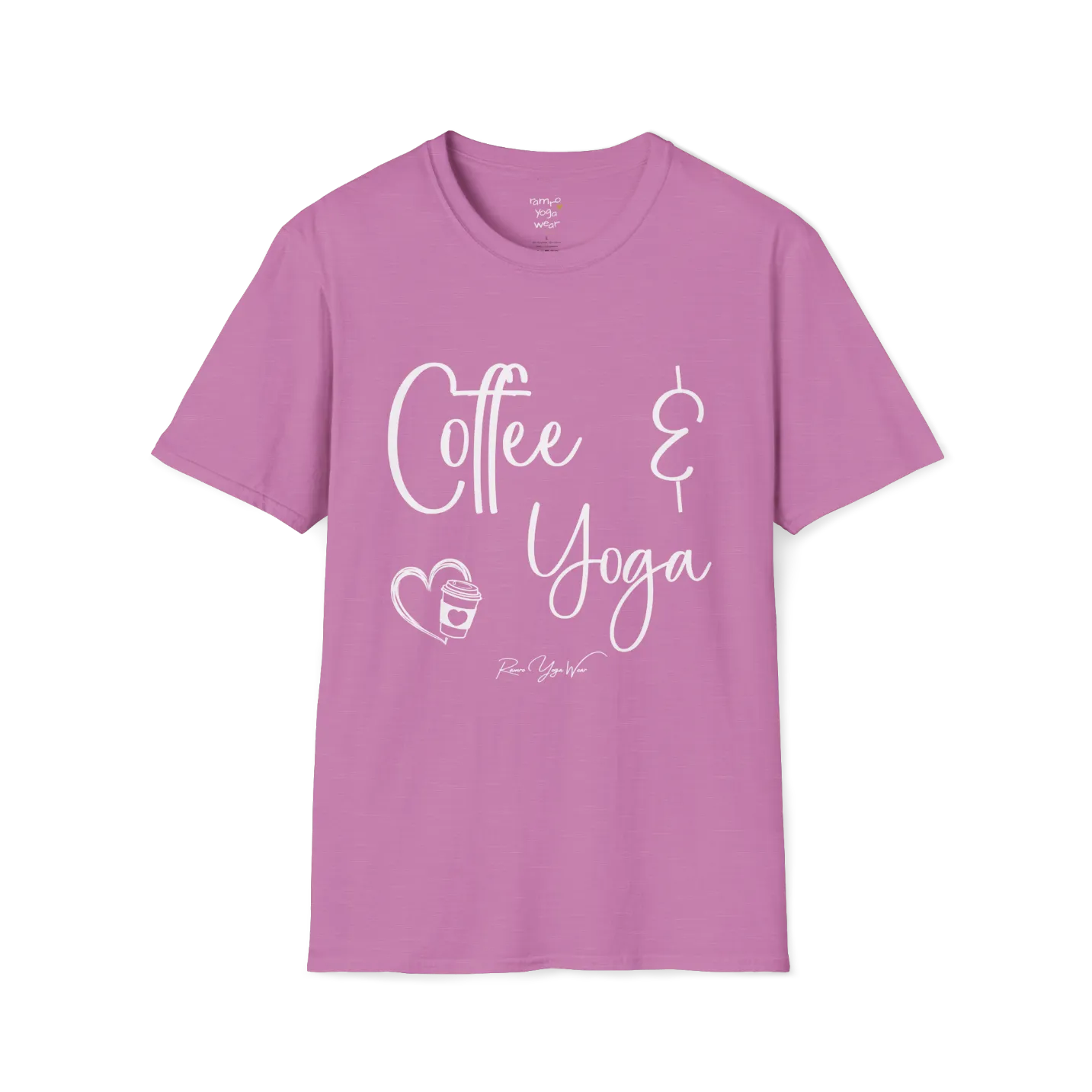 Coffee T-Shirt, "Coffee & Yoga" script design — The Vault collection by Ramro Yoga Wear, Heather Radiant Orchid.