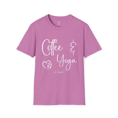 Coffee T-Shirt, "Coffee & Yoga" script design — The Vault collection by Ramro Yoga Wear, Heather Radiant Orchid.