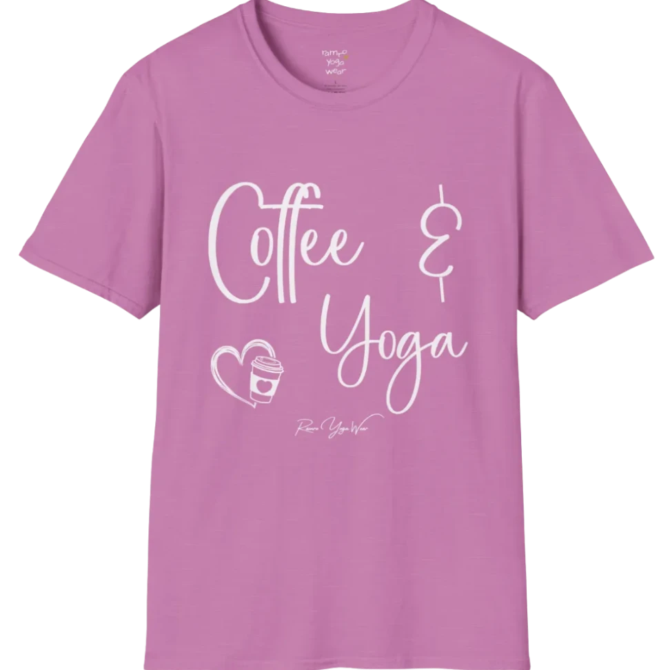 Coffee T-Shirt, "Coffee & Yoga" script design — The Vault collection by Ramro Yoga Wear, Heather Radiant Orchid.