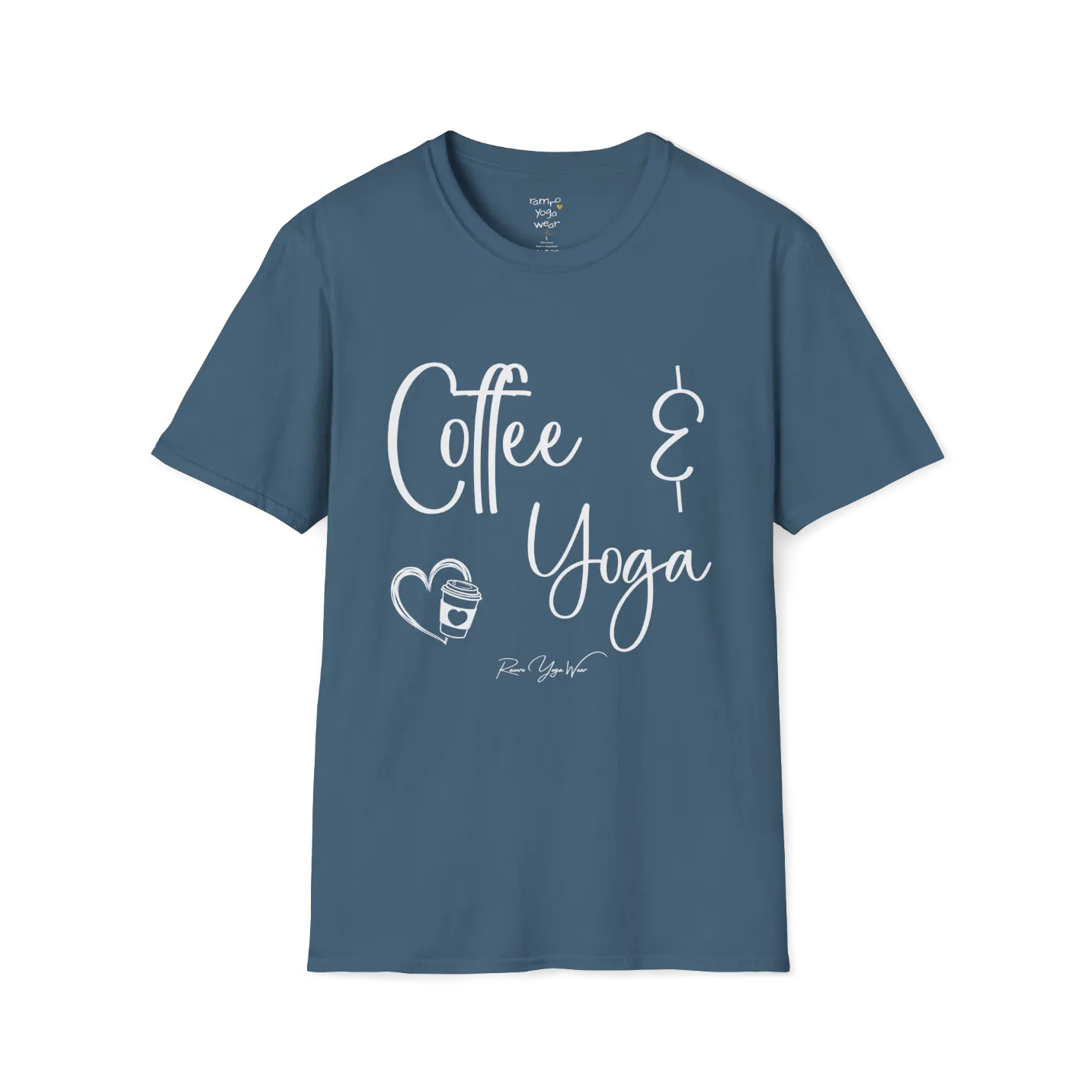 Coffee T-Shirt, "Coffee & Yoga" script design — The Vault collection by Ramro Yoga Wear, Indigo Blue.