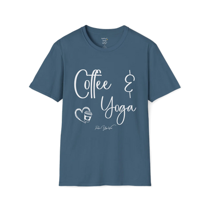 Coffee T-Shirt, "Coffee & Yoga" script design — The Vault collection by Ramro Yoga Wear, Indigo Blue.