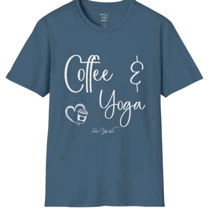 Coffee T-Shirt, "Coffee & Yoga" script design — The Vault collection by Ramro Yoga Wear, Indigo Blue.