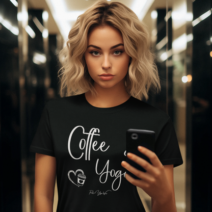 Coffee T-Shirt, "Coffee & Yoga" script design — The Vault collection by Ramro Yoga Wear, Black.