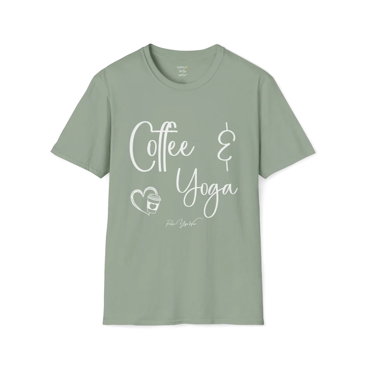 Coffee T-Shirt, "Coffee & Yoga" script design — The Vault collection by Ramro Yoga Wear, Sage.