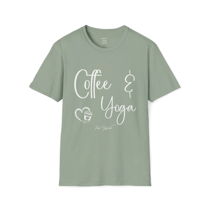Coffee T-Shirt, "Coffee & Yoga" script design — The Vault collection by Ramro Yoga Wear, Sage.