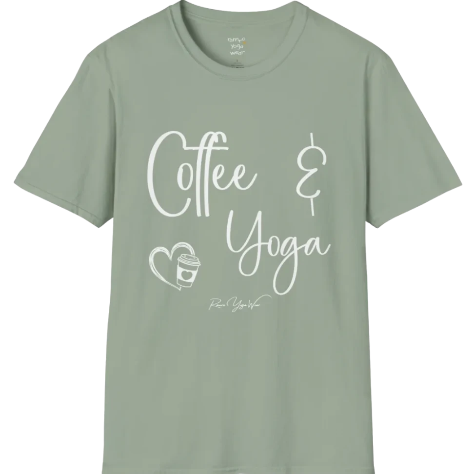 Coffee T-Shirt, "Coffee & Yoga" script design — The Vault collection by Ramro Yoga Wear, Sage.