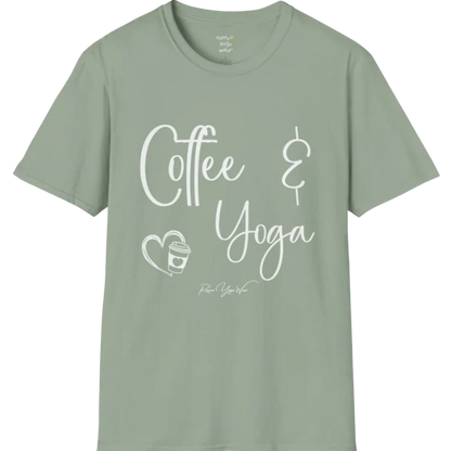 Coffee T-Shirt, "Coffee & Yoga" script design — The Vault collection by Ramro Yoga Wear, Sage.