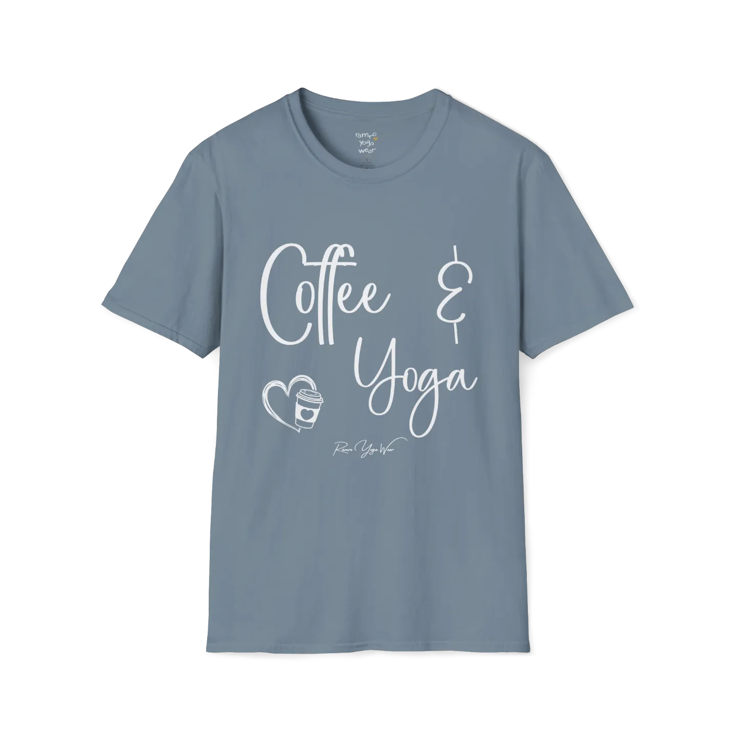 Coffee T-Shirt, "Coffee & Yoga" script design — The Vault collection by Ramro Yoga Wear, Stone Blue.