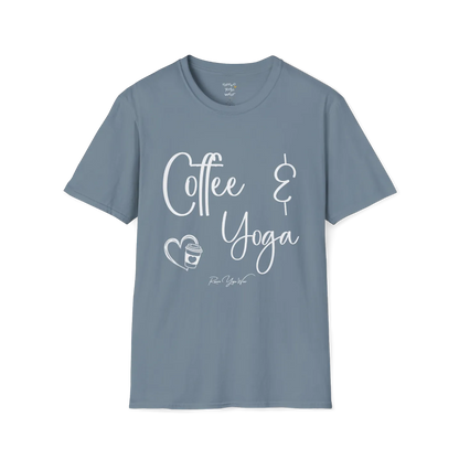 Coffee T-Shirt, "Coffee & Yoga" script design — The Vault collection by Ramro Yoga Wear, Stone Blue.