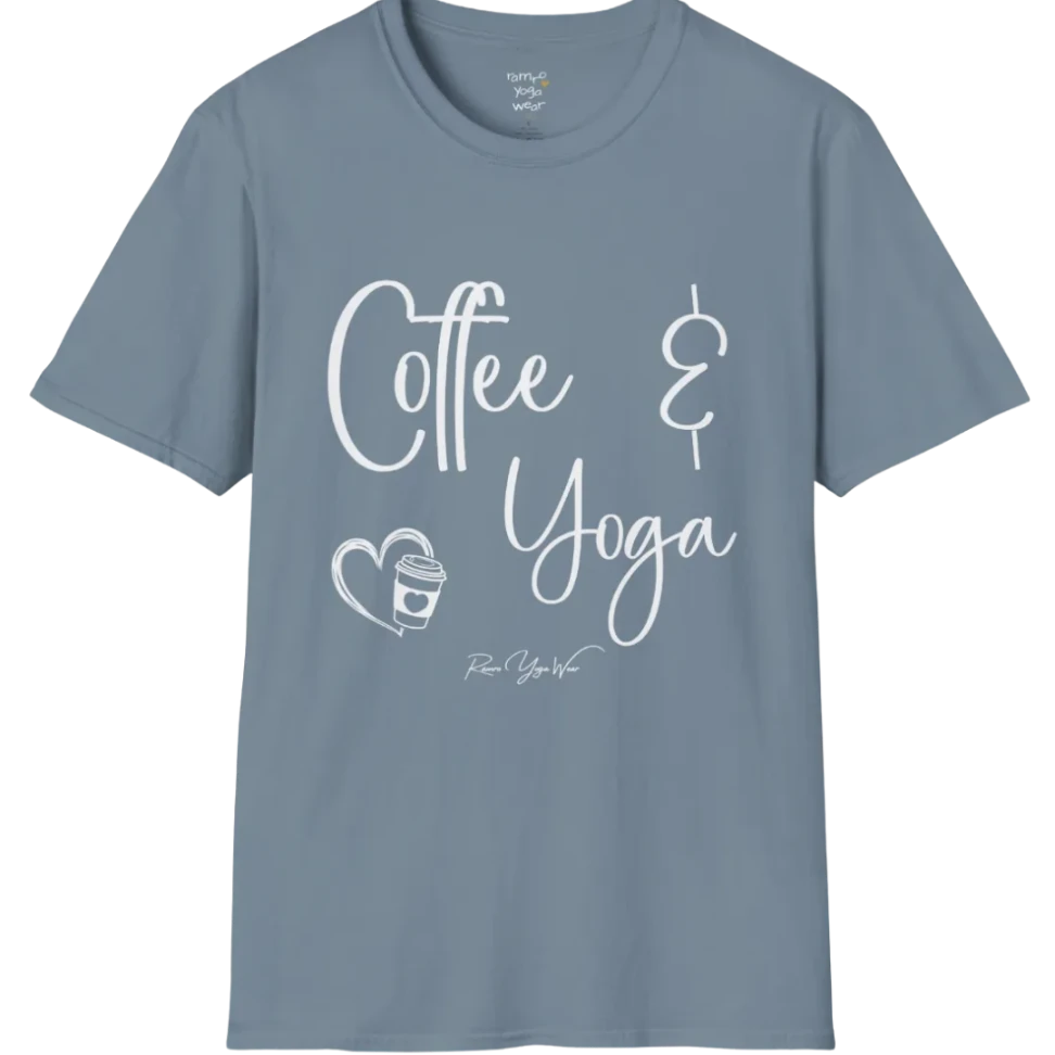 Coffee T-Shirt, "Coffee & Yoga" script design — The Vault collection by Ramro Yoga Wear, Stone Blue.