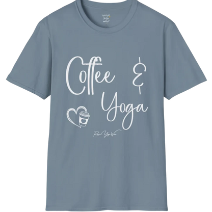 Coffee T-Shirt, "Coffee & Yoga" script design — The Vault collection by Ramro Yoga Wear, Stone Blue.