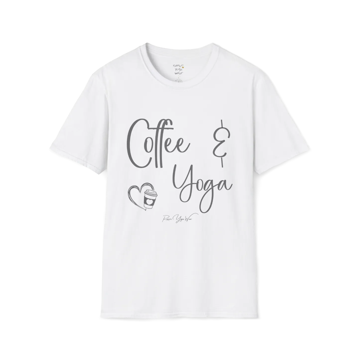 Coffee T-Shirt, "Coffee & Yoga" script design — The Vault collection by Ramro Yoga Wear, White. 