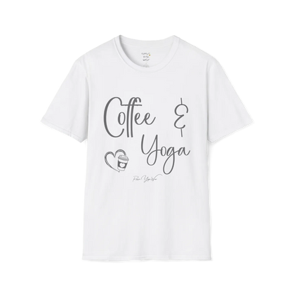 Coffee T-Shirt, "Coffee & Yoga" script design — The Vault collection by Ramro Yoga Wear, White. 