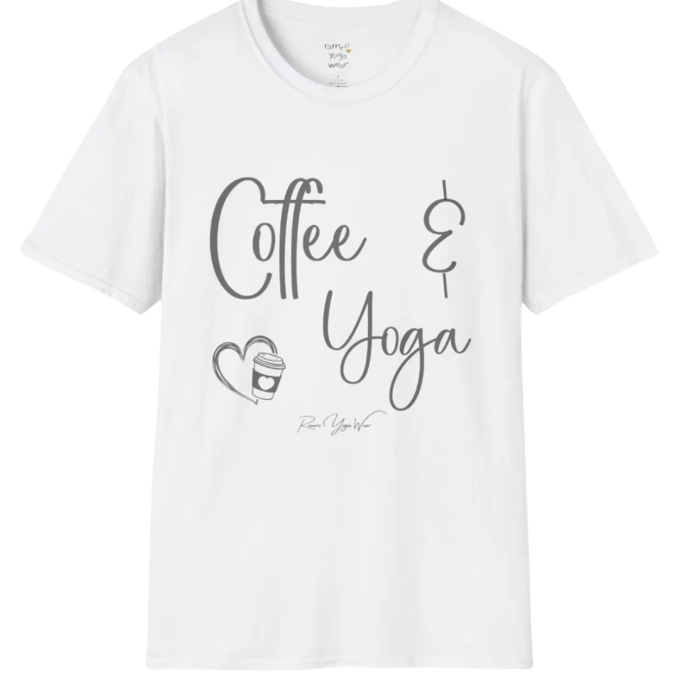 Coffee T-Shirt, "Coffee & Yoga" script design — The Vault collection by Ramro Yoga Wear, White. 