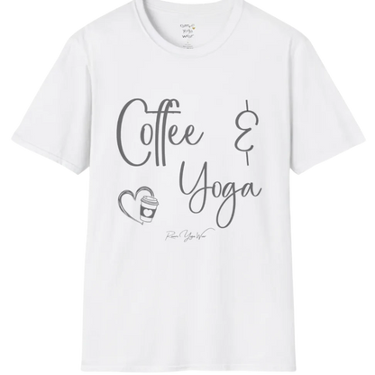 Coffee T-Shirt, "Coffee & Yoga" script design — The Vault collection by Ramro Yoga Wear, White. 