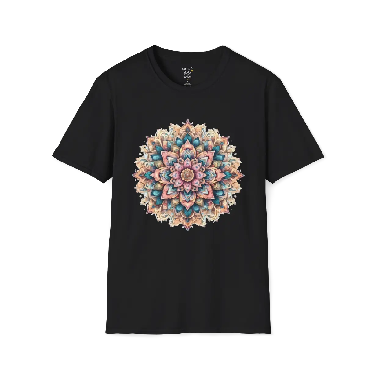Color My Day T-Shirt, multicolored mandala design — The Vault collection by Ramro Yoga Wear, Black.