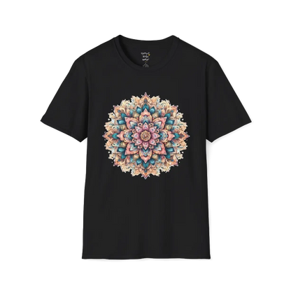 Color My Day T-Shirt, multicolored mandala design — The Vault collection by Ramro Yoga Wear, Black.