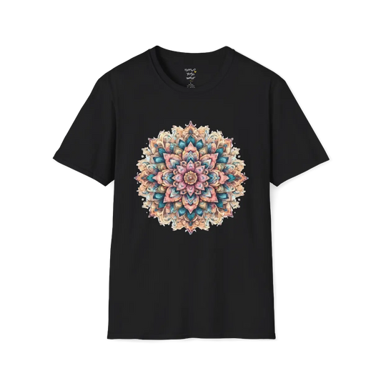Color My Day T-Shirt, multicolored mandala design — The Vault collection by Ramro Yoga Wear, Black.