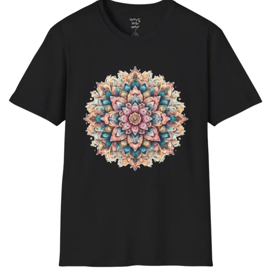 Color My Day T-Shirt, multicolored mandala design — The Vault collection by Ramro Yoga Wear, Black.
