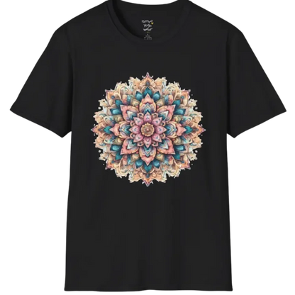 Color My Day T-Shirt, multicolored mandala design — The Vault collection by Ramro Yoga Wear, Black.