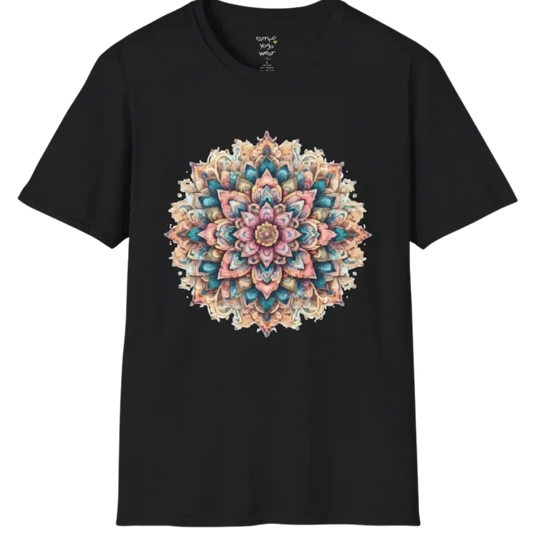Color My Day T-Shirt, multicolored mandala design — The Vault collection by Ramro Yoga Wear, Black.
