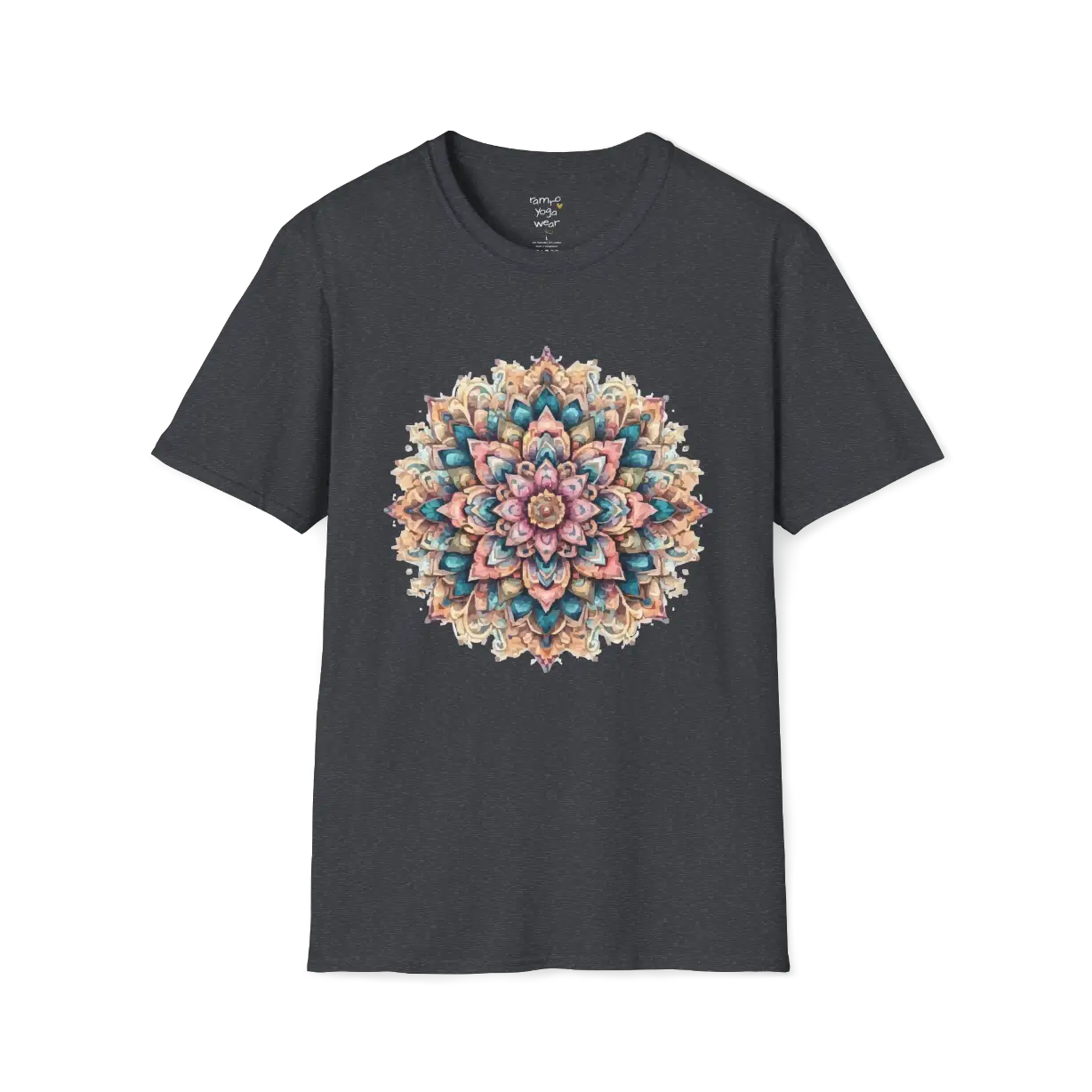 Color My Day T-Shirt, multicolored mandala design — The Vault collection by Ramro Yoga Wear, Dark Heather Grey.