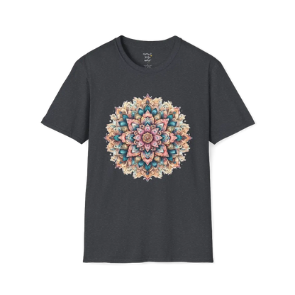 Color My Day T-Shirt, multicolored mandala design — The Vault collection by Ramro Yoga Wear, Dark Heather Grey.