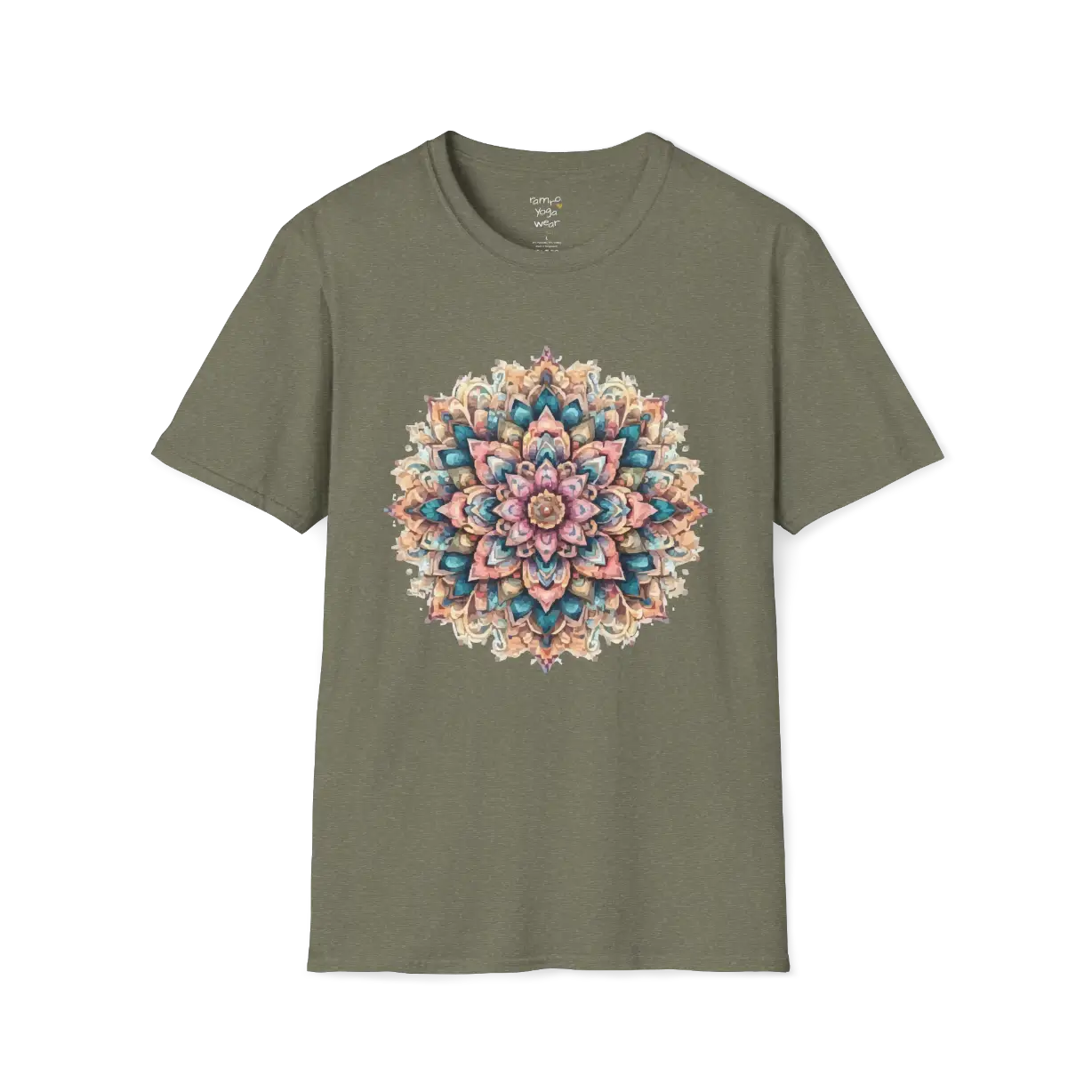 Color My Day T-Shirt, multicolored mandala design — The Vault collection by Ramro Yoga Wear, Heather Military Green.