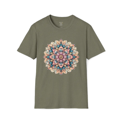 Color My Day T-Shirt, multicolored mandala design — The Vault collection by Ramro Yoga Wear, Heather Military Green.