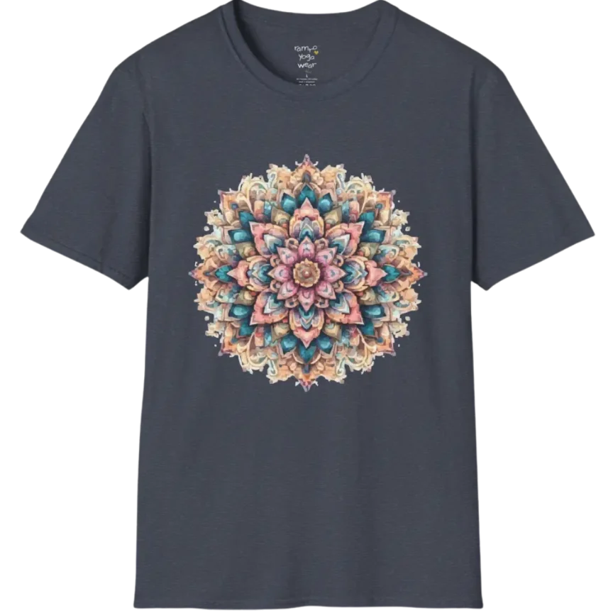 Color My Day T-Shirt, multicolored mandala design — The Vault collection by Ramro Yoga Wear, Heather Navy