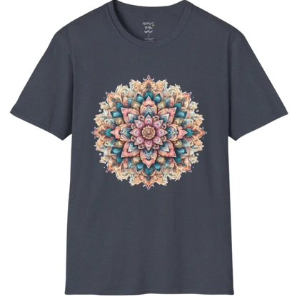 Color My Day T-Shirt, multicolored mandala design — The Vault collection by Ramro Yoga Wear, Heather Navy
