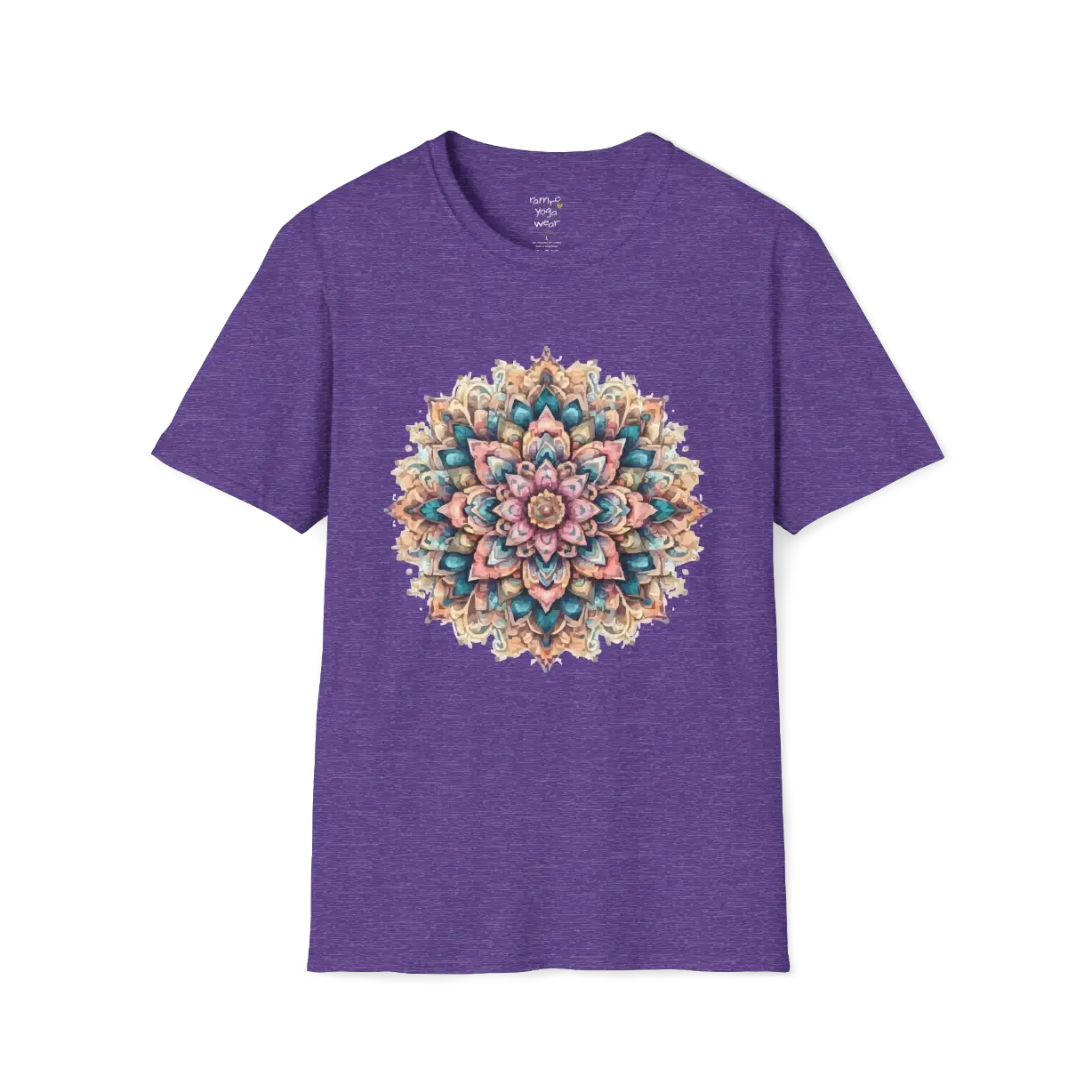 Color My Day T-Shirt, multicolored mandala design — The Vault collection by Ramro Yoga Wear, Heather Purple.