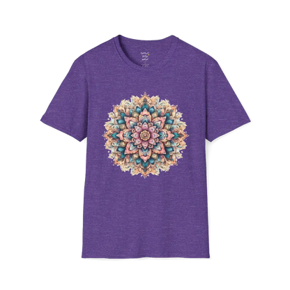 Color My Day T-Shirt, multicolored mandala design — The Vault collection by Ramro Yoga Wear, Heather Purple.