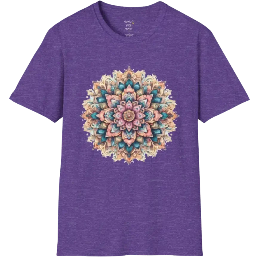 Color My Day T-Shirt, multicolored mandala design — The Vault collection by Ramro Yoga Wear, Heather Purple