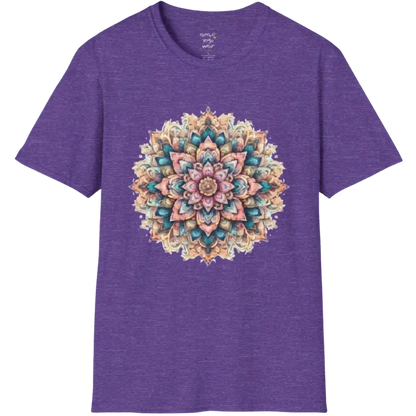 Color My Day T-Shirt, multicolored mandala design — The Vault collection by Ramro Yoga Wear, Heather Purple