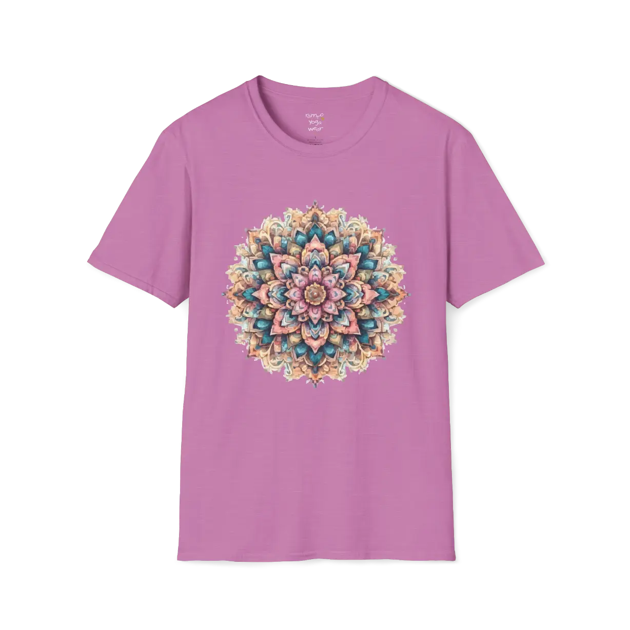 Color My Day T-Shirt, multicolored mandala design — The Vault collection by Ramro Yoga Wear, Heather Radiant Orchid.