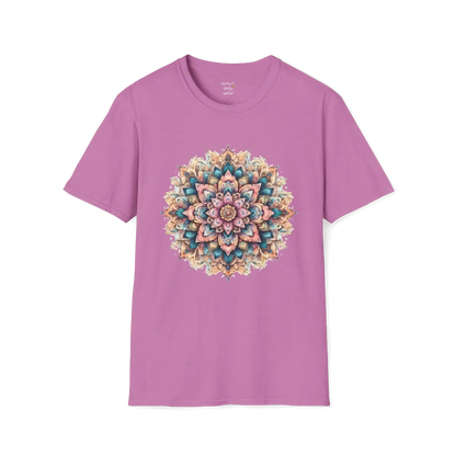 Color My Day T-Shirt, multicolored mandala design — The Vault collection by Ramro Yoga Wear, Heather Radiant Orchid.