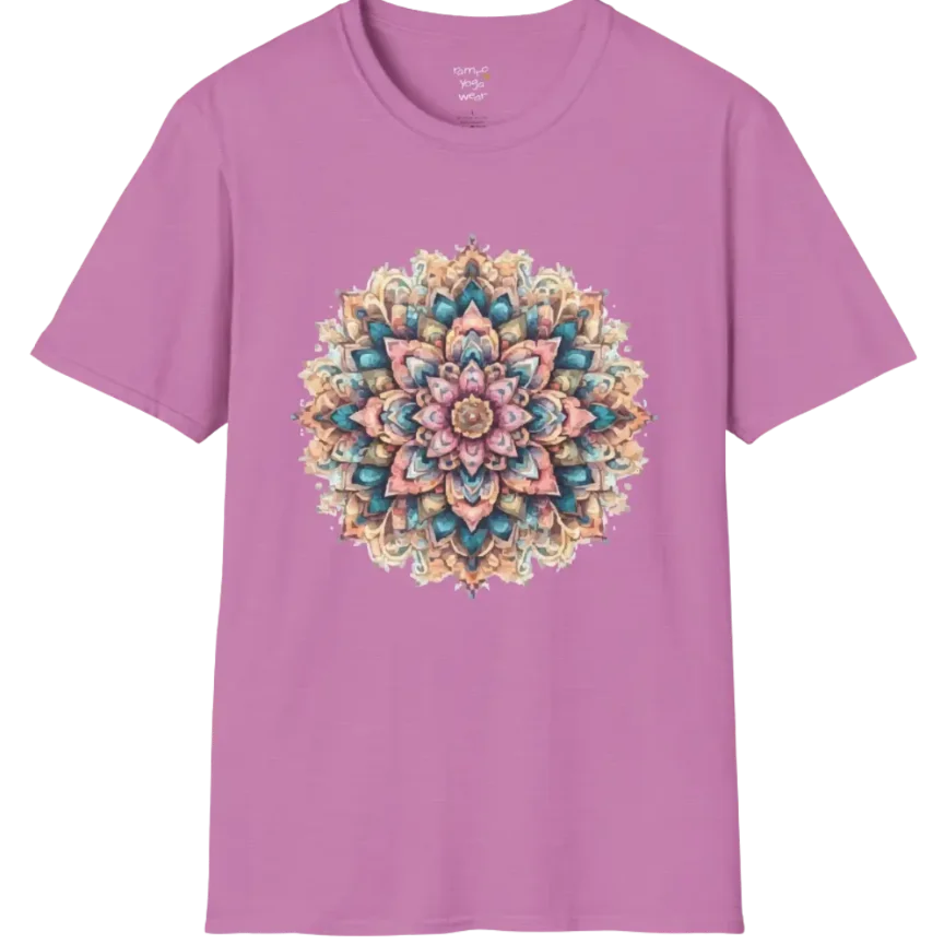 Color My Day T-Shirt, multicolored mandala design — The Vault collection by Ramro Yoga Wear, Heather Radiant Orchid