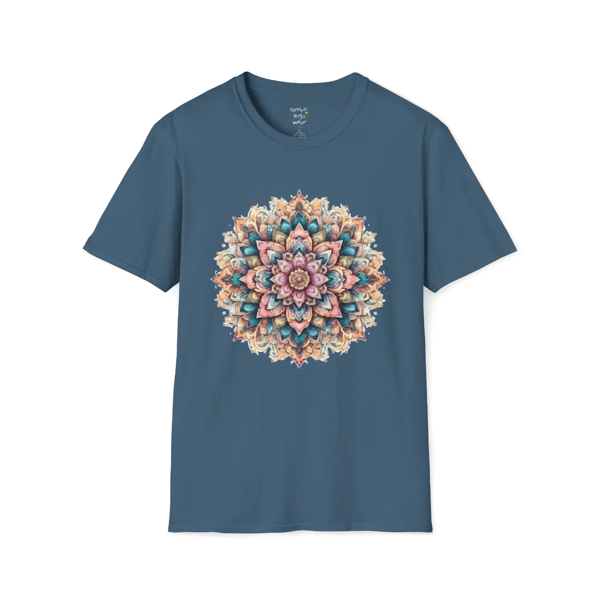 Color My Day T-Shirt, multicolored mandala design — The Vault collection by Ramro Yoga Wear, Indigo Blue.