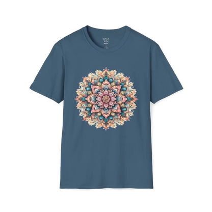 Color My Day T-Shirt, multicolored mandala design — The Vault collection by Ramro Yoga Wear, Indigo Blue.