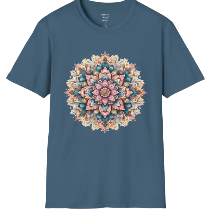 Color My Day T-Shirt, multicolored mandala design — The Vault collection by Ramro Yoga Wear, Stone Blue