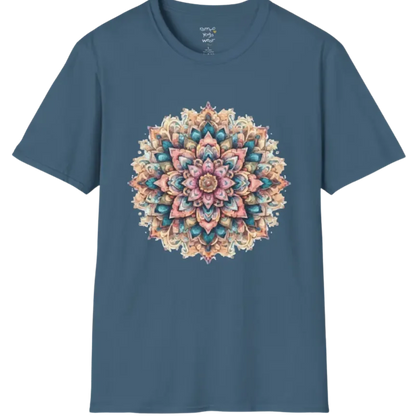 Color My Day T-Shirt, multicolored mandala design — The Vault collection by Ramro Yoga Wear, Stone Blue