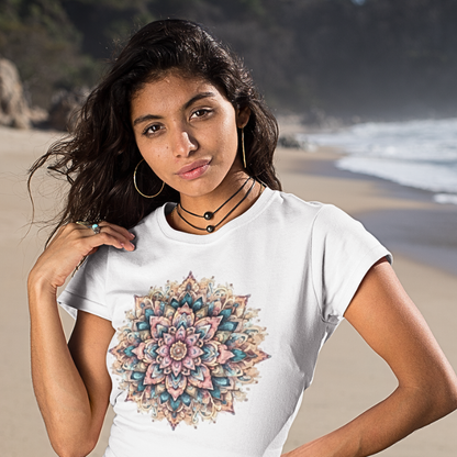 Color My Day T-Shirt, multicolored mandala design — The Vault collection by Ramro Yoga Wear, White.