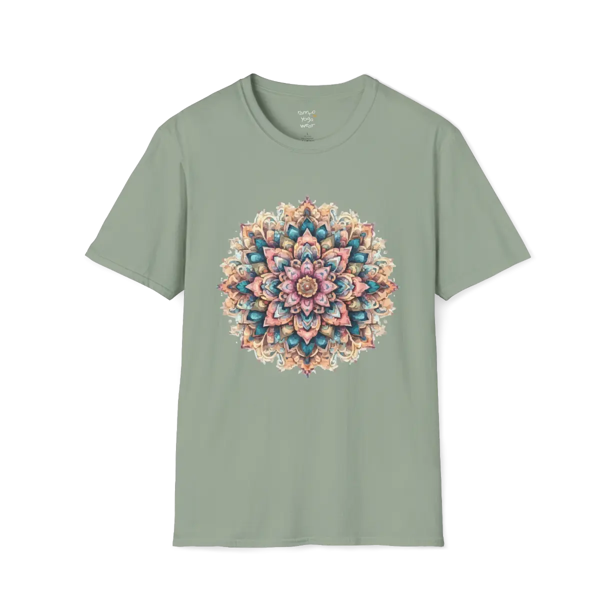 Color My Day T-Shirt, multicoloured mandala design — The Vault collection by Ramro Yoga Wear, Sage.