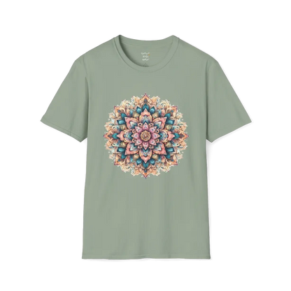 Color My Day T-Shirt, multicoloured mandala design — The Vault collection by Ramro Yoga Wear, Sage.