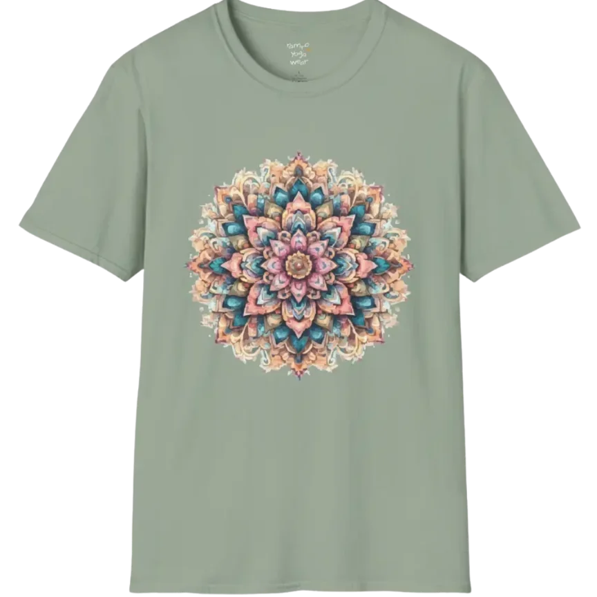 Color My Day T-Shirt, multicolored mandala design — The Vault collection by Ramro Yoga Wear, Sage