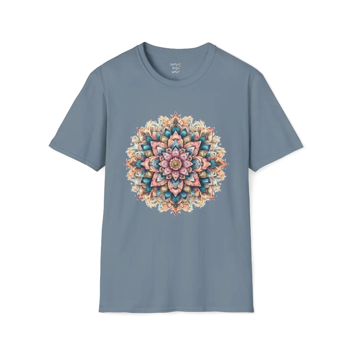 Color My Day T-Shirt, multicolored mandala design — The Vault collection by Ramro Yoga Wear, Stone Blue.