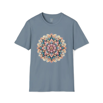 Color My Day T-Shirt, multicolored mandala design — The Vault collection by Ramro Yoga Wear, Stone Blue.
