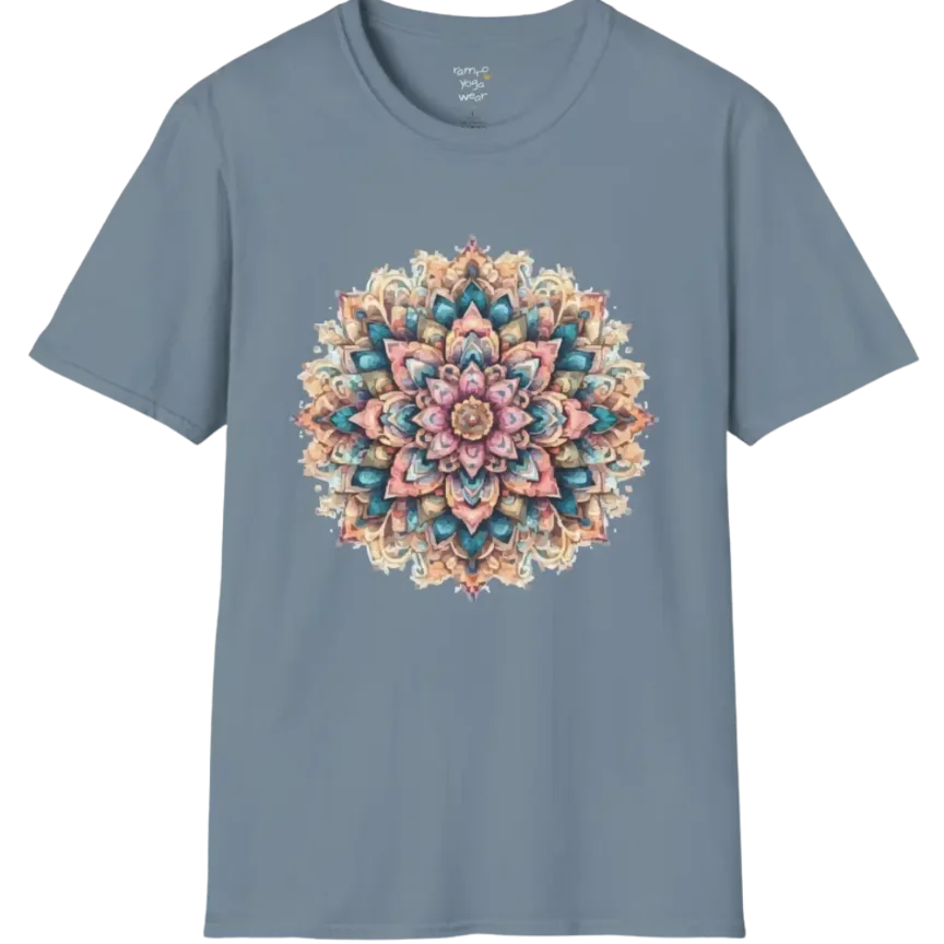 Color My Day T-Shirt, multicolored mandala design — The Vault collection by Ramro Yoga Wear, Stone Blue